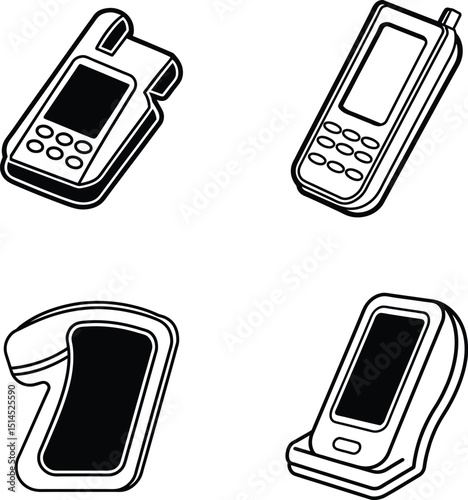 Set of mobile phones and communication icons with buttons and screens