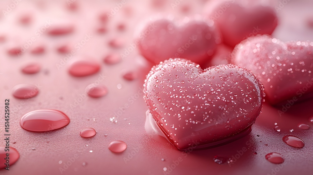 Obraz premium Pink Glittery Hearts with Water Drops Romantic Valentine's Day Background