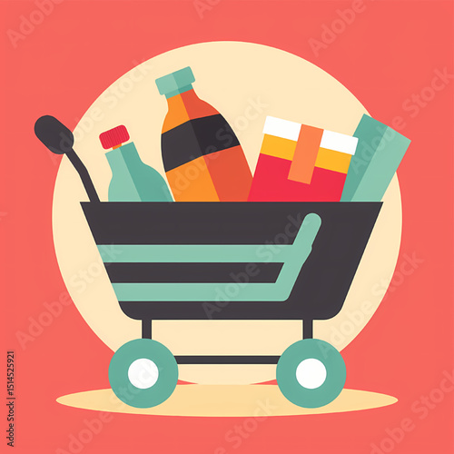 Shopping Cart Full of Groceries Drinks, Snacks, and More – A Colorful Illustration