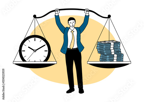 Cartoon businessman stands confidently, balancing a scale with money on one side and a clock on the other. Represents the trade off between time and wealth and work life balance