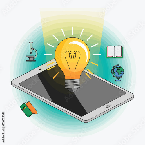 Illustration of a lightbulb on a tablet with a microscope, book, and globe, symbolizing education, learning, and innovative ideas in science and technology