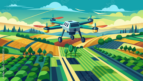 A high-tech drone flies above green fields, capturing aerial views with a mounted camera, symbolizing innovation, precision agriculture, surveillance, and the expanding role of flying technology in da