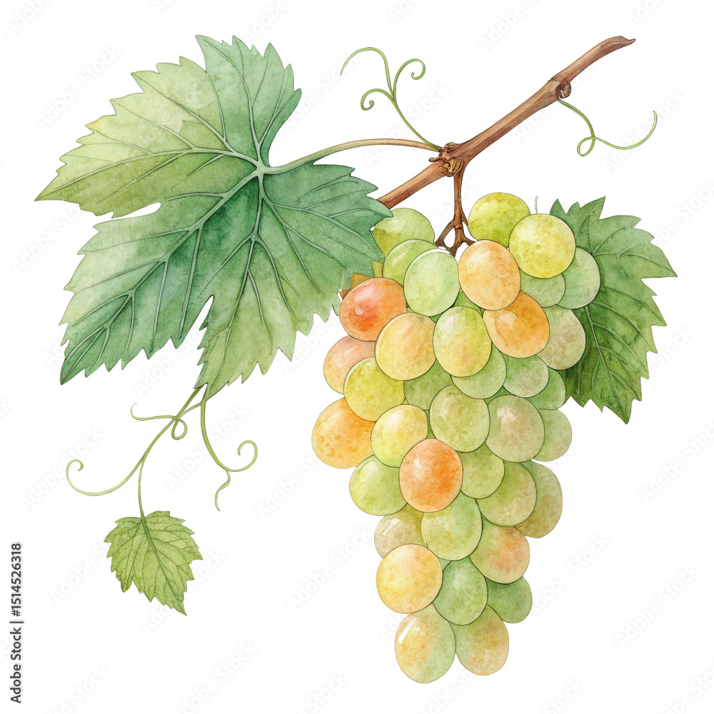 Fototapeta premium Watercolor illustration of grapes with pastel green and yellow tones showcasing the beauty of summer produce