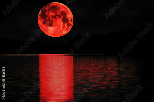 an image of a large, nighttime red moon reflecting off a lake