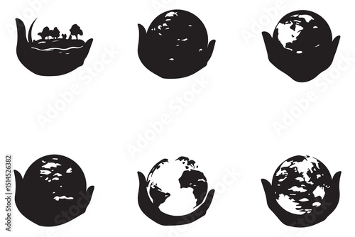 This graphic set depicts six simple, black silhouettes of hands holding a stylized Earth globe Six Silhouettes of Hands Holding a Stylized Earth, Representing Environmentalism