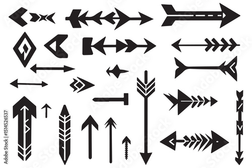 A diverse set of graphic arrow designs in a bold tribal style Collection of Modern Tribal Arrow Design Elements
