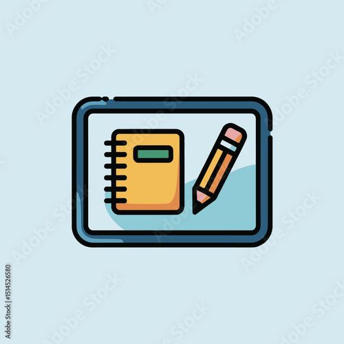 Illustration of a yellow notebook with a green label and a pencil with a pink eraser on a light blue background