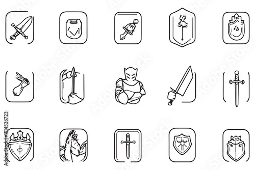 This image showcases a set of 15 minimalist line art icons, depicting various medieval weaponry, armor, shields, and creatures.