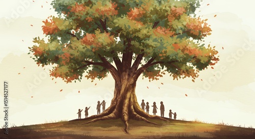 Family Gathering Underneath Autumn's Embrace A Majestic Oak Tree