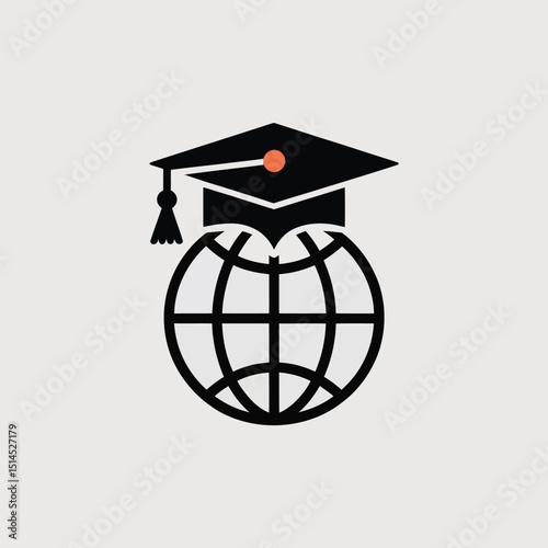 Graduation cap on globe icon symbolizing global education isolated on white background, representing academic achievement and international learning