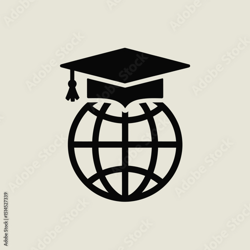 Graduation cap on globe icon representing global education and academic achievement, a symbol of international learning and success in a flat vector design