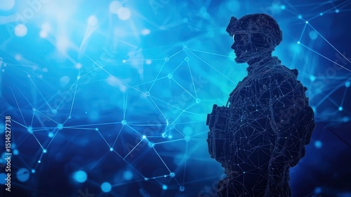 Silhouette of modern soldier with digital network lines and dots on blue background, symbolizing big data technology. 3D render, double exposure, high contrast style.