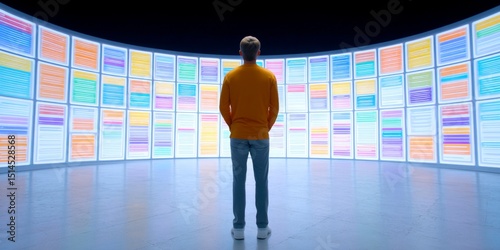 A startup founder presenting their business model on a large LED screen