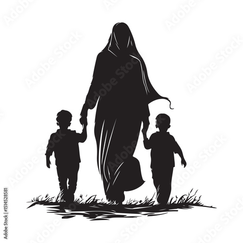 A Mother in Hijab Walking Hand in Hand with Her Two Children Silhouette vector.