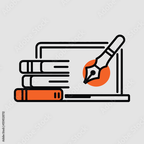Laptop with fountain pen and books isolated on white background, representing writing, education, literature, and digital content creation