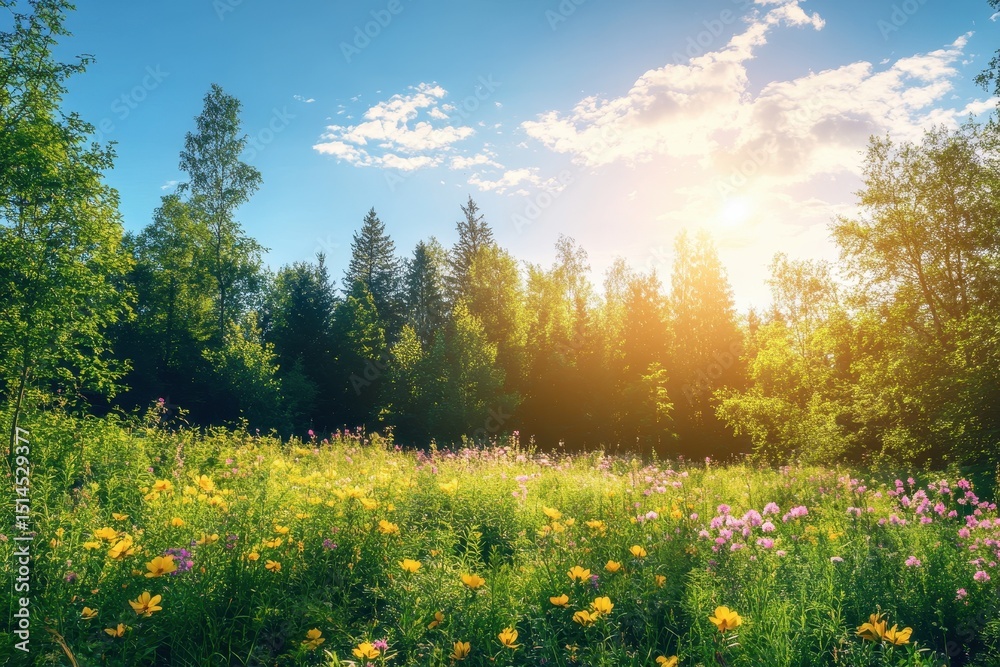 Obraz premium Sunlit forest meadow filled with vibrant wildflowers during a clear day in spring, Sunlit forest meadow with vibrant wildflowers and lush greenery under clear blue sky Nature concept