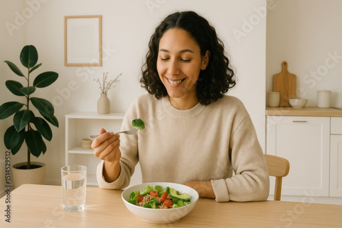 Woman eating salad at table.
