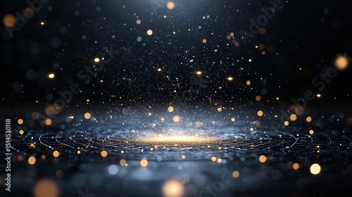 Dark Abstract Grid with Golden Glittering Particles