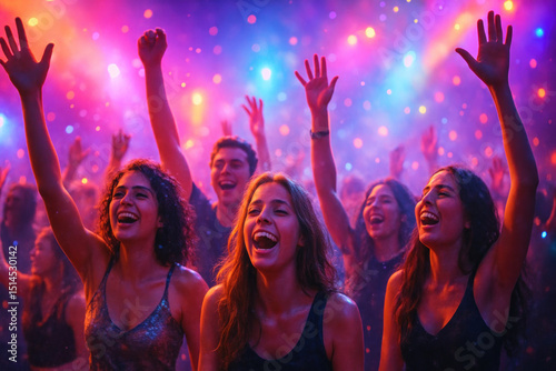 Crowd at concert with hands raised.