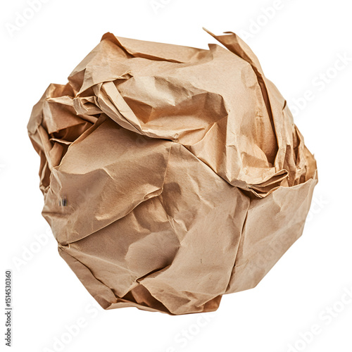 Isolated crumpled brown paper ball close up on black background studio shot