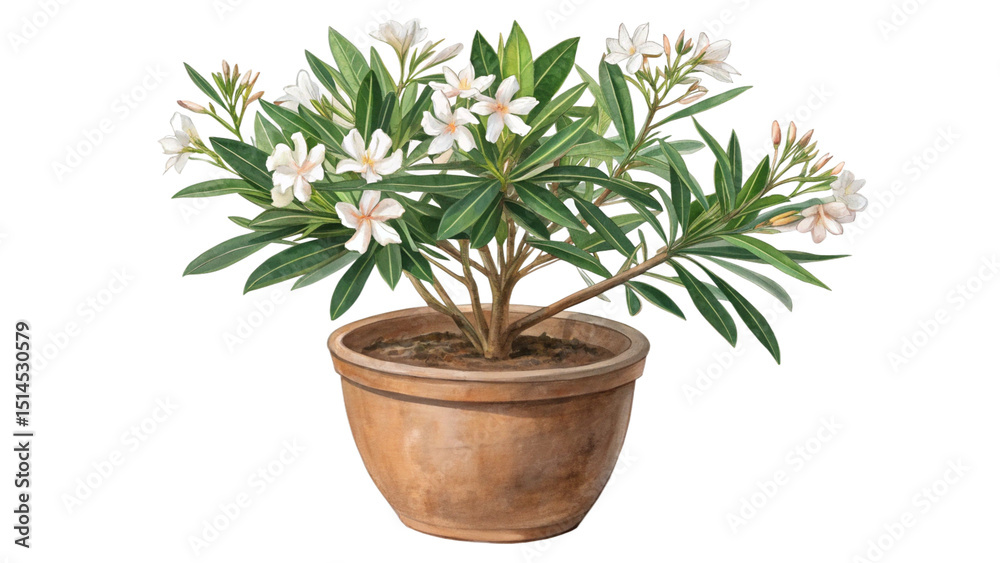 Fototapeta premium Watercolor Illustration of Nerium Oleander With White Blossoms in Clay Pot Isolated for Botanical Art and Garden Decor Design