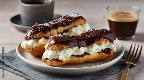 Rich chocolate éclairs with creamy filling rest temptingly on a plate atop a light wood table.
 photo