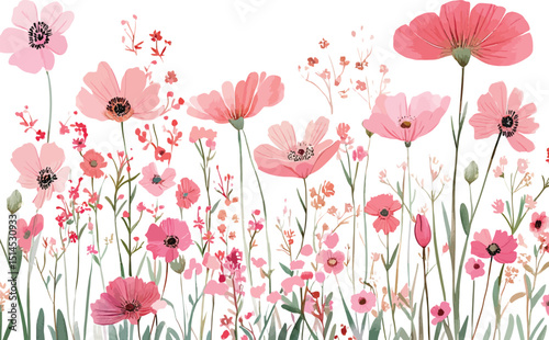  Watercolor Pink Wildflower Border with Delicate Blossoms