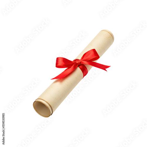 Rolled diploma scroll tied with a red ribbon on white photo