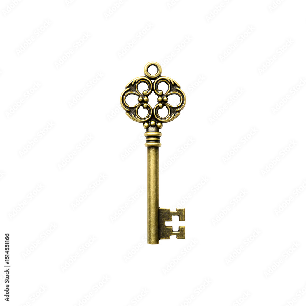 Obraz premium Ornate vintage gold key with intricate detailing on white