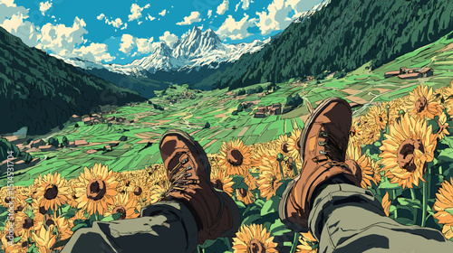 ヒマワリ畑から眺める自然の風景、ベクターイラスト