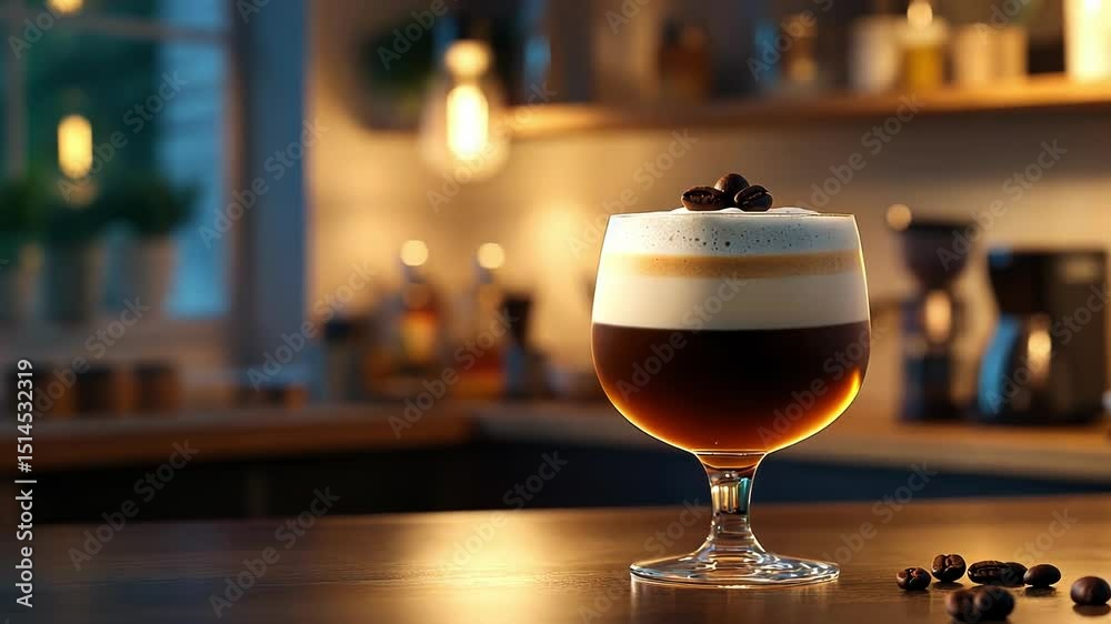 Layered coffee dessert in a stemmed glass, coffee beans on the top and on the table, warm kitchen background