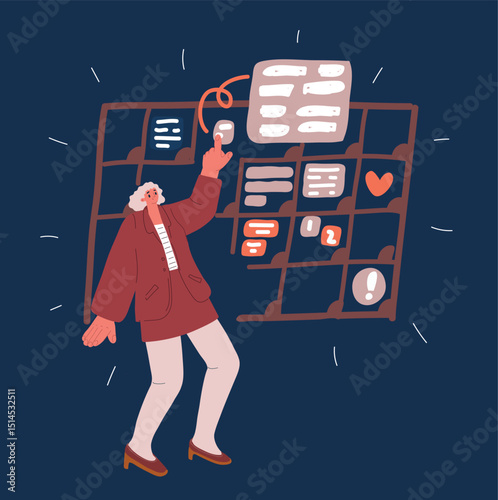 Vector illustration of a woman pointing at her monthly planner, symbolizing organization, scheduling, and time management