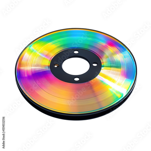 Reflective rainbow film disc on black background holographic optical effect