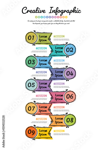 hand drawn Infographic design template with 9 options, Can be used for process diagram, presentations, workflow layout, banner, flow chart, info graph.