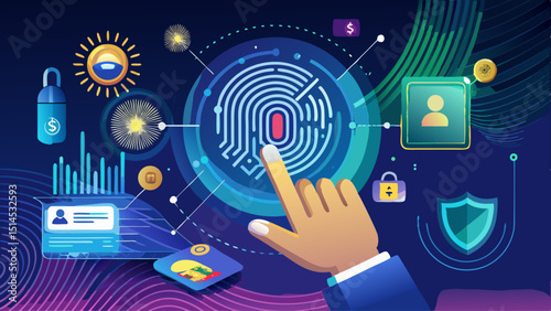 A hand hovers over a glowing fingerprint scanner, confirming identity with biometric precision, suggesting security, privacy, advanced verification, and the rise of safe personal digital identificatio