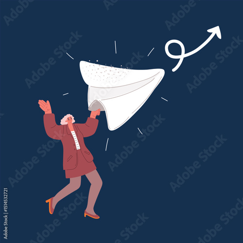 Cartoon vector illustration of a woman throwing a paper airplane, symbolizing creativity, aspirations, and the spirit of freedom