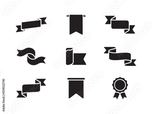 A set of nine black and white ribbon and banner icons, perfect for graphic design, web design, or print.
