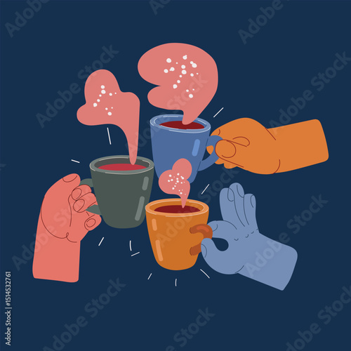 Cartoon vector illustration of three hands toasting with cups of tea or coffee, representing connection, warmth, and shared moments