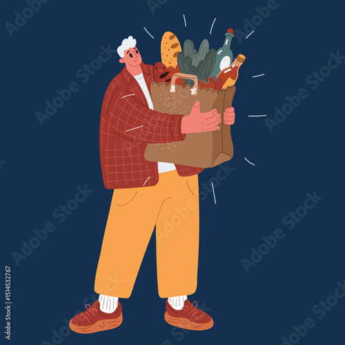 Cartoon vector illustration of a man carrying a big grocery bag, representing everyday errands and responsibility