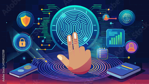A hand hovers over a glowing fingerprint scanner, confirming identity with biometric precision, suggesting security, privacy, advanced verification, and the rise of safe personal digital identificatio