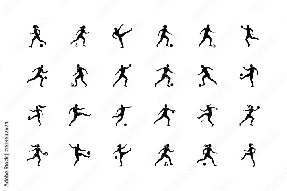 Obraz premium Football Player Silhouettes – Single Man and Woman Playing Soccer – Vector Illustration