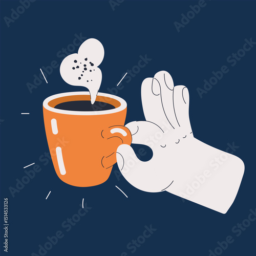 Cartoon vector illustration of a hand holding a cup of hot coffee, representing warmth, relaxation, and daily comfort