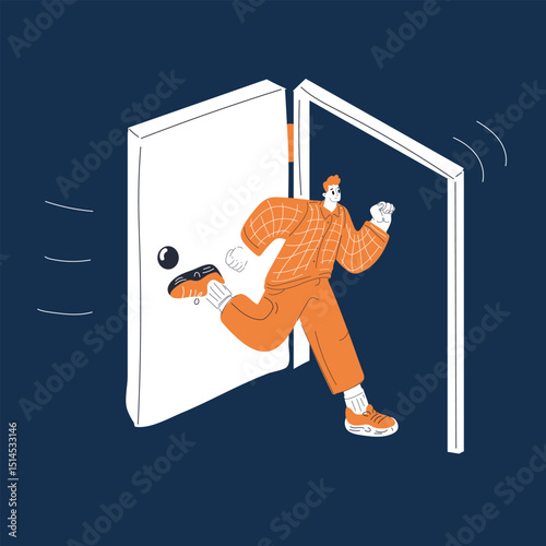 Cartoon vector illustration of a man rushing through a doorway, symbolizing urgency, haste, and running late