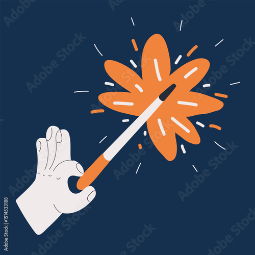 Cartoon vector illustration of a hand holding a magic wand, symbolizing magic, power, and mystical forces
