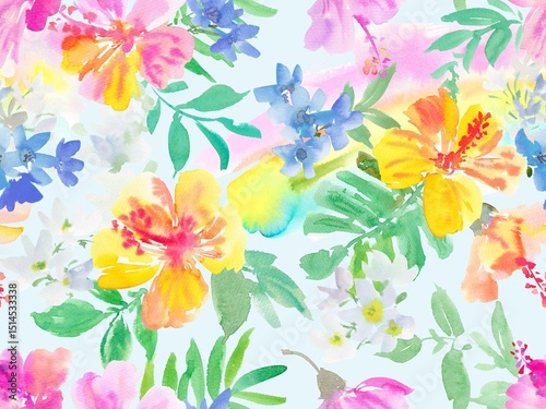 Fototapeta Naklejka Na Ścianę i Meble -  Seamless pattern of abstract pink and yellow hibiscus flowers, tropical foliage, and monstera leaves painted in watercolor. Hand painted tropical floral and rainbow wallpaper in watercolor.