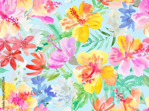 Fototapeta Naklejka Na Ścianę i Meble -  Seamless pattern of abstract pink and yellow hibiscus flowers, tropical foliage, and monstera leaves painted in watercolor. Hand painted tropical floral wallpaper in watercolor for wedding invitation.