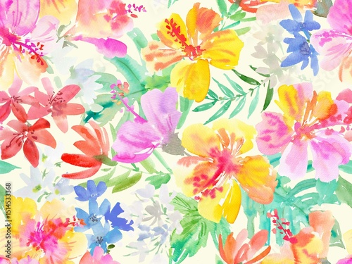 Fototapeta Naklejka Na Ścianę i Meble -  Seamless pattern of abstract pink and yellow hibiscus flowers, tropical foliage, and monstera leaves painted in watercolor. Hand painted tropical floral wallpaper in watercolor for wedding invitation.