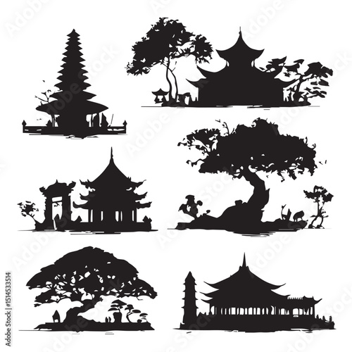 Buddhist temple silhouette set