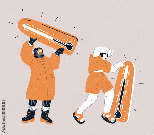 Vector illustration of a woman experiencing hot and cold weather, symbolizing the struggle to adapt to seasonal changes