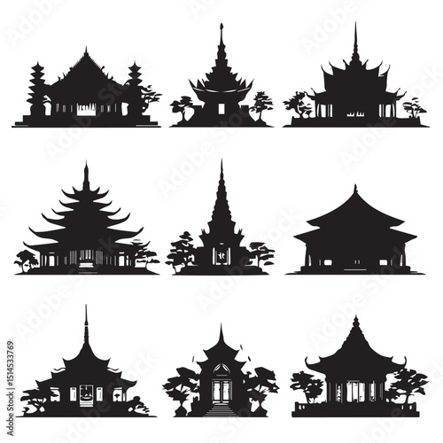Buddhist temple silhouette set